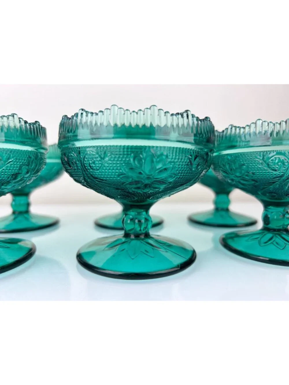 Tiara Indiana Green Glass Spruce Sherbet Compote Pedestal Bowls Cups Set of 6